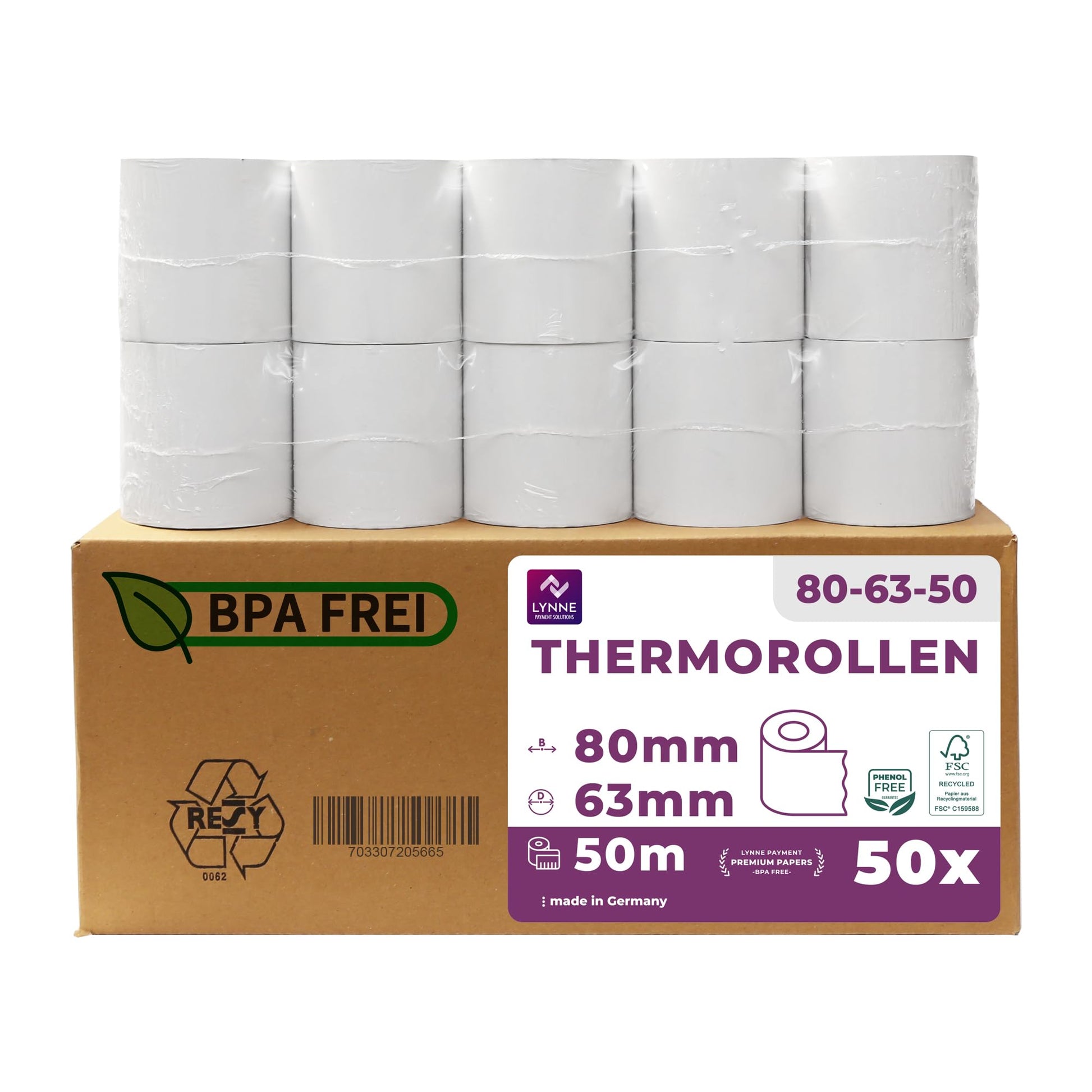 LYNNE PAYMENT SOLUTIONS Thermorollen 80mm x 50m, BPA-frei, 50 Rollen – weisse Thermopapierrollen für Kassendrucker