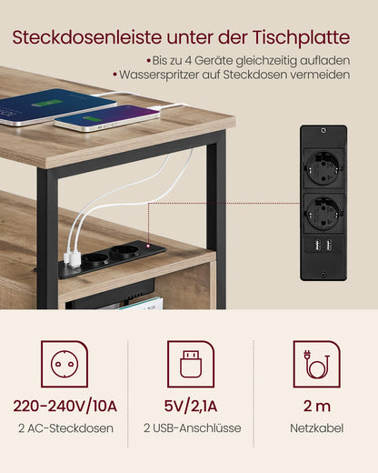 VASAGLE Nachttisch mit Steckdosen - Kamelbraun-tintenschwarz LET325K01