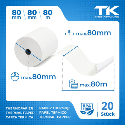 THERMALKING Thermorollen 80x80x12 mm für Bondrucker, 20 Stück
