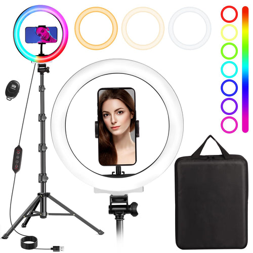 MICCYE Ringlicht MB10 mit Stativ, 10 Zoll RGB LED für Handy, runde Leuchte auf höhenverstellbarem Stativ