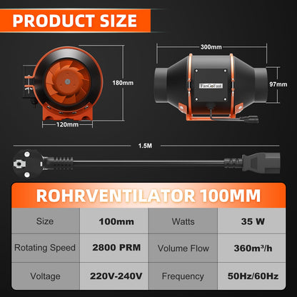 FanGoFast Rohrventilator 100mm regelbar 360m³/h Abluftventilator