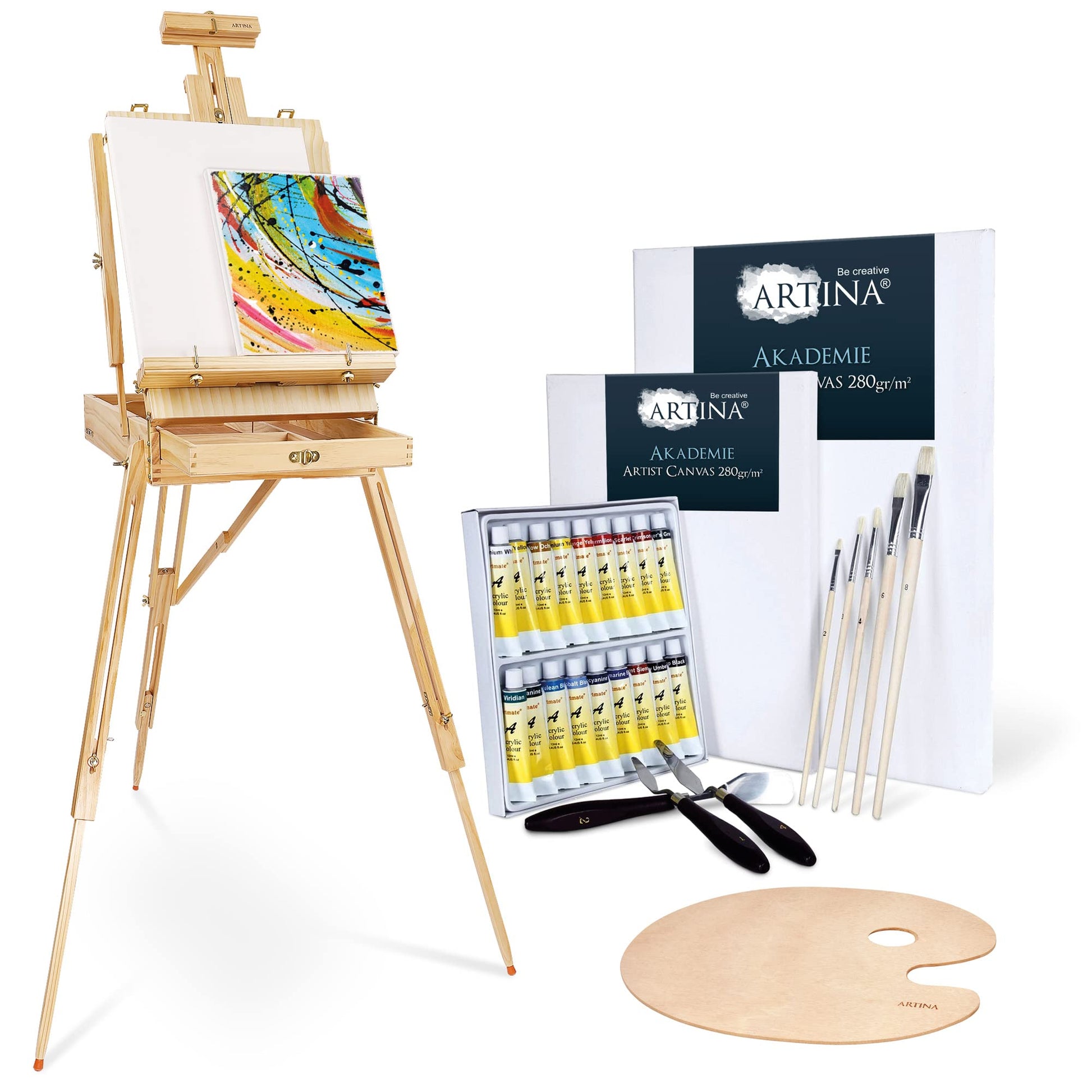 Artina Madrid 30tlg Kofferstaffelei Set – Acryl Malset: Braune, faltbare Holz-Kofferstaffelei mit Acrylmalset.