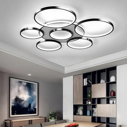 LuxSwiss Moderne 7-Ringe LED Deckenleuchte - Ø110cm, schwarz, dimmbar