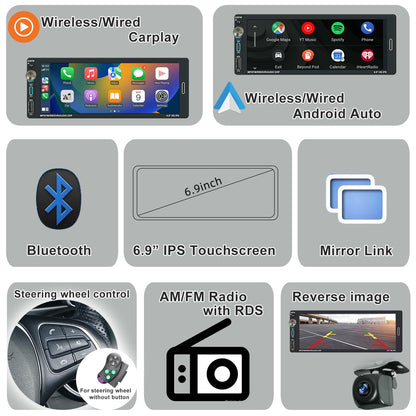 Alondy Autoradio 1Din - 6.9" Bildschirm Wireless CarPlay Android Auto