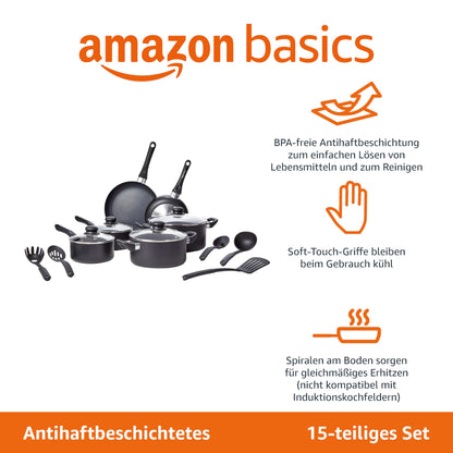 Amazon Basics 15-teiliges Kochgeschirr Antihaft - Schwarz