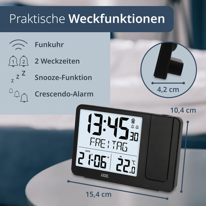 ADE Funkwecker CK2406-1 mit Projektion und Aussensensor, schwarz
