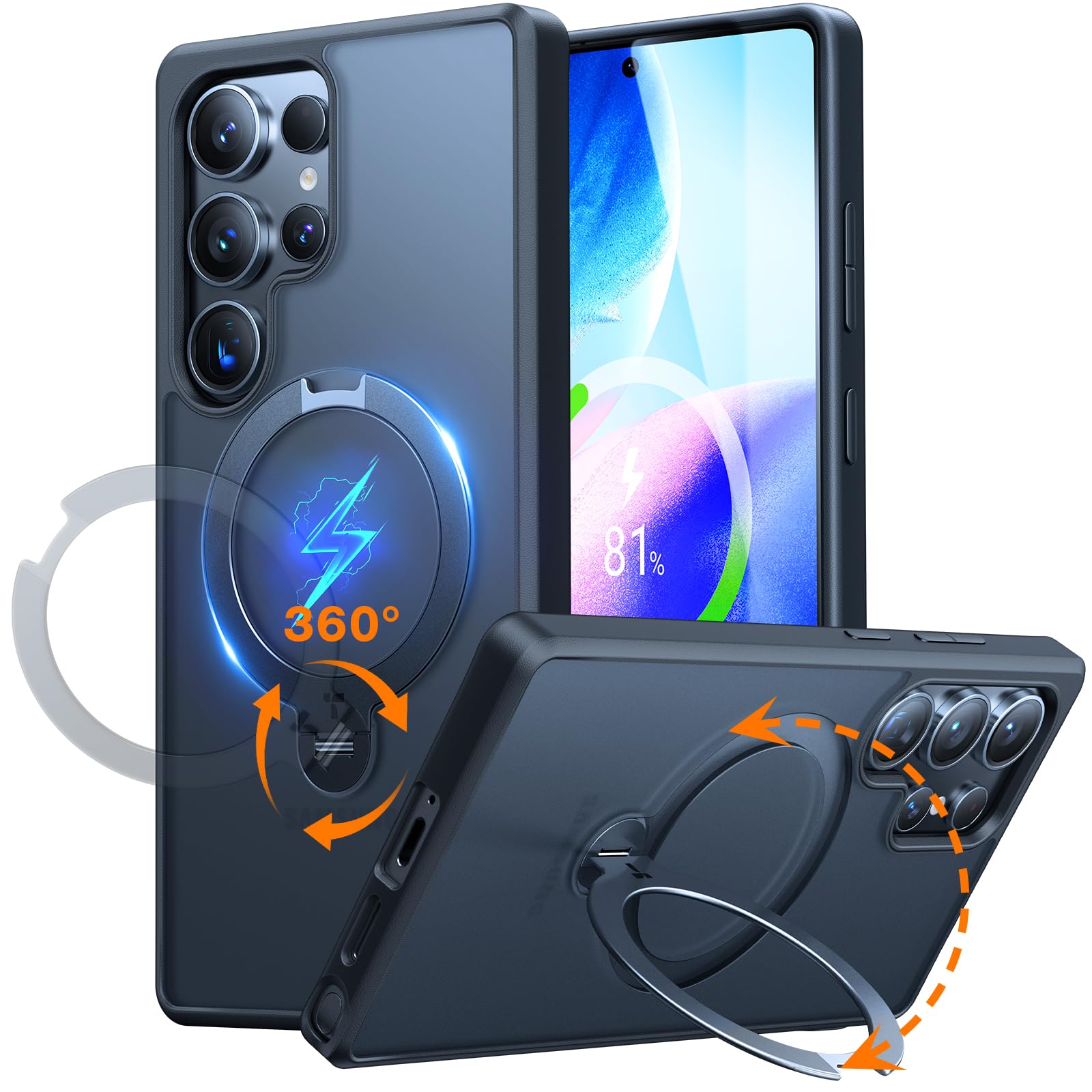 TORRAS Ostand Q3 Spin Hülle für Samsung Galaxy S25 Ultra Schwarz, matte durchscheinende Rückseite mit 360°-Standring