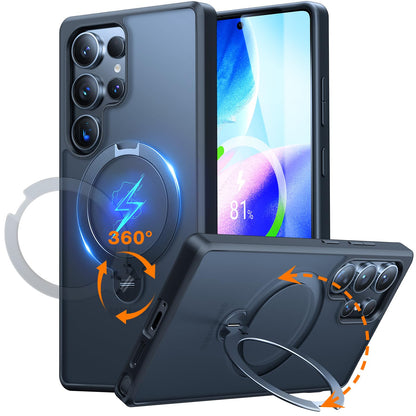 TORRAS Ostand Q3 Spin Hülle für Samsung Galaxy S25 Ultra Schwarz, matte durchscheinende Rückseite mit 360°-Standring