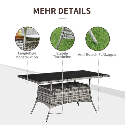 Outsunny Gartentisch Polyrattan Glastisch - grau 150x85cm