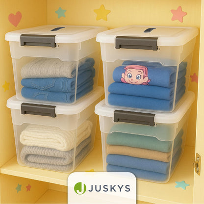 Juskys Aufbewahrungsbox mit Deckel, 4er Set, 30 Liter, transparent