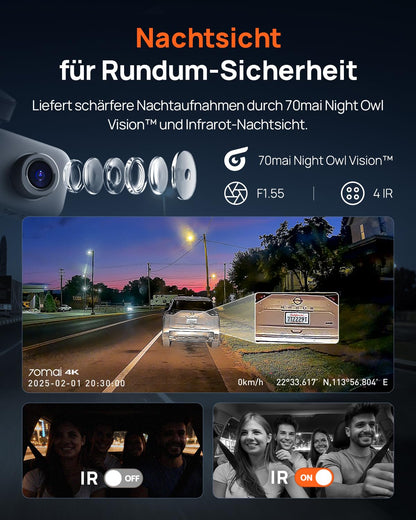 70mai T800E 4K 3-Kanal Dashcam mit HDR, GPS und 64GB SD-Karte