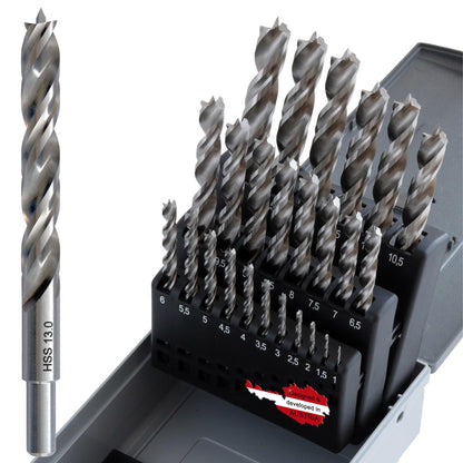 WELIQU 25-tlg. Holzbohrer Set - HSS-G 1-13 mm. Zylindrische, geschliffene Metallbohrer für präzise Bohrlöcher in Holz.