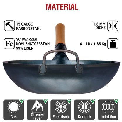 YOSUKATA Voreingebrannter Karbonstahl Wok Pfanne - 34cm Flacher Boden