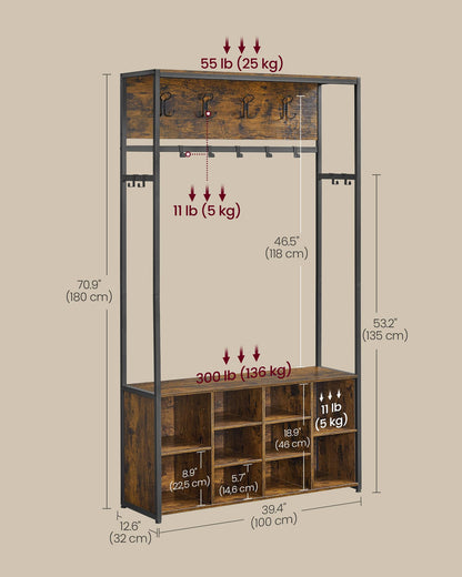 VASAGLE Kleiderständer HSR432K01, Garderobe mit Schuhregal, Sitzbank