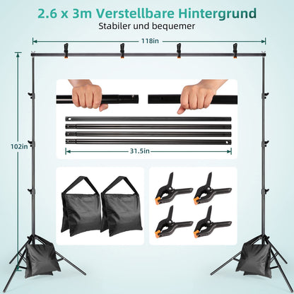 FGen Fotostudio Greenscreen Set 2.6x3M – Mit Beleuchtung