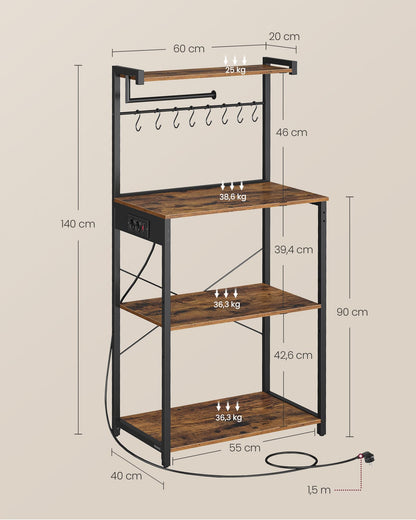 VASAGLE Küchenregal mit Steckdosen - Vintagebraun KKS014K02