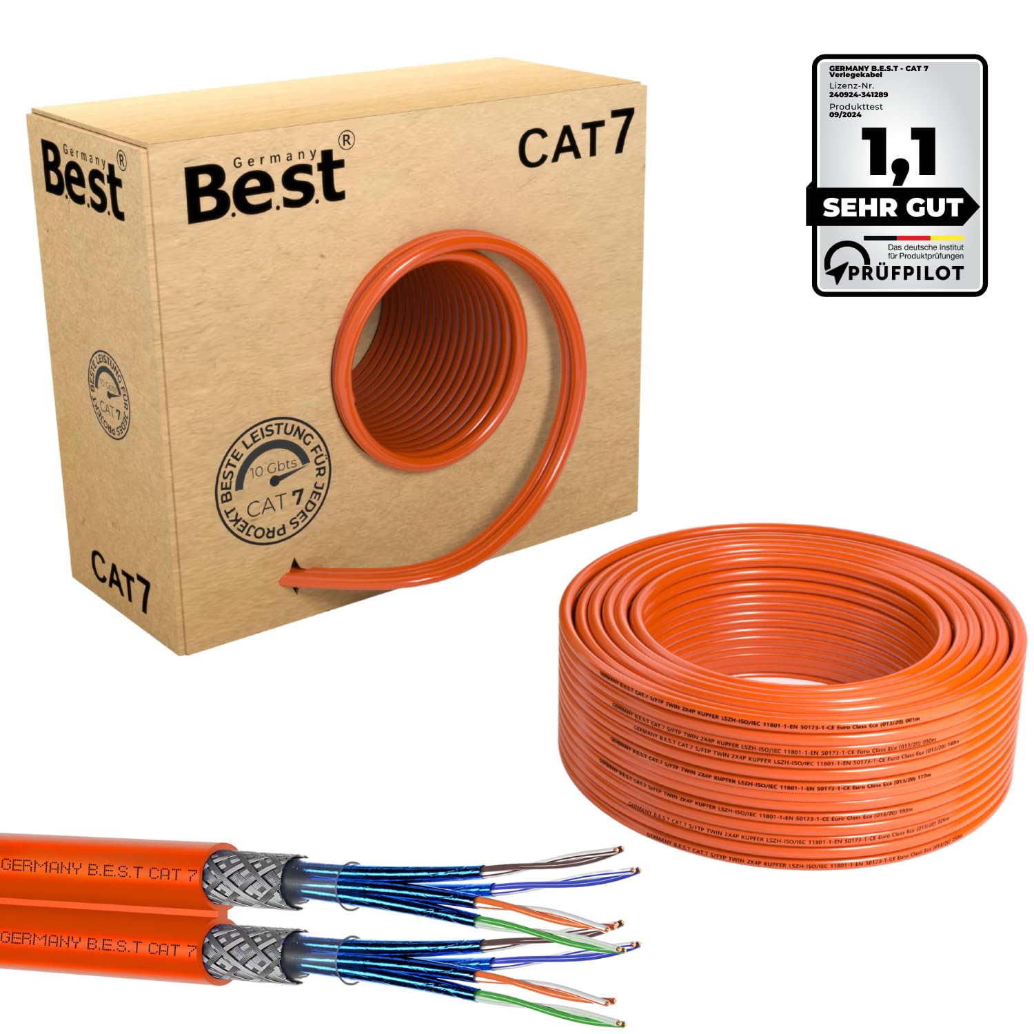 Germany B.e.s.t CAT 7 Verlegekabel S/FTP - 50m Duplex. Doppeltes Netzwerkkabel für 10 Gbit/s Ethernet-Installationen.
