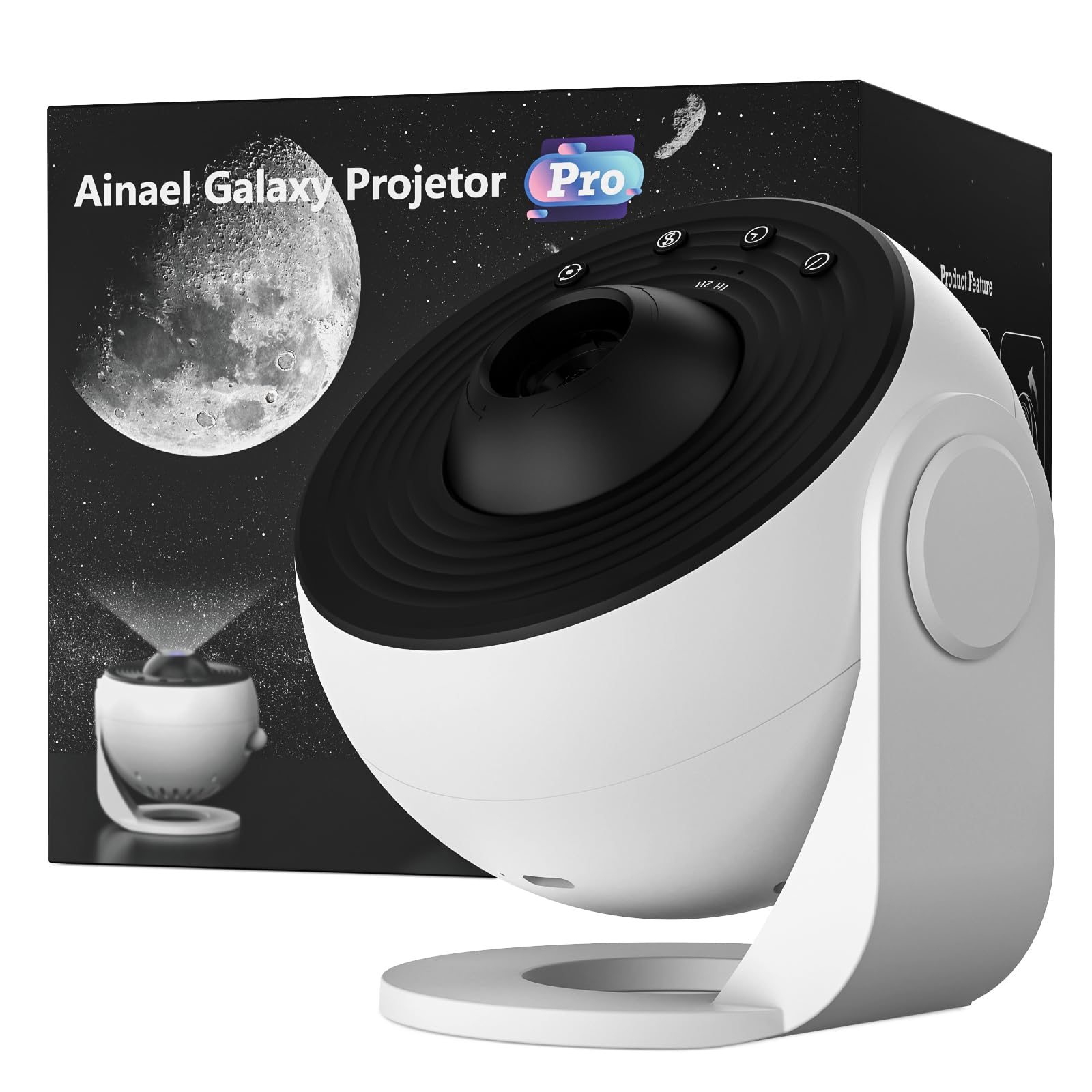 Ainael Galaxy Projector Pro – Sternenhimmel-Projektor und Nachtlicht in Schwarz-Weiss mit 3 HD-Glasscheiben