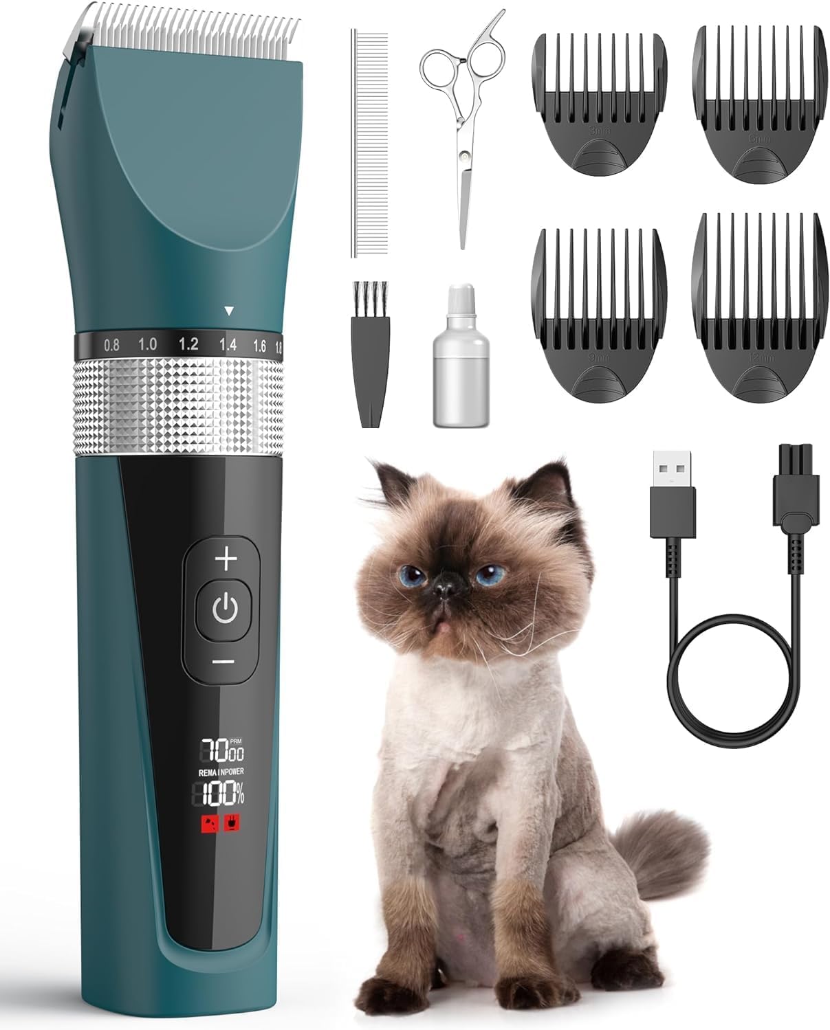oneisall Katzenschermaschine leise, 5 Geschwindigkeiten, Grün mit LCD-Display und Keramikklinge