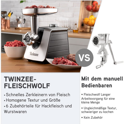 Twinzee Elektrischer Fleischwolf mit Wurstfüller, 1500 W, Schwarz