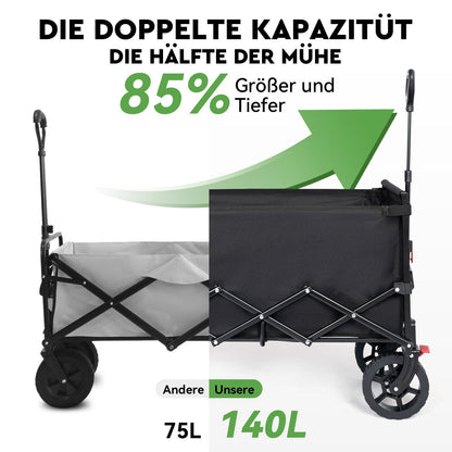 HIKENTURE Bollerwagen faltbar mit Bremse, 140 L, 150 kg belastbar