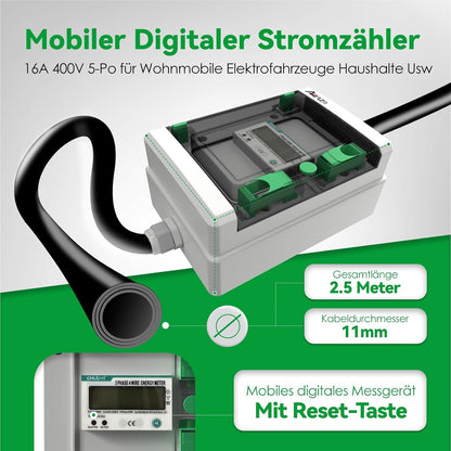 AIFIZO Mobiler Digitaler CEE Stromzähler 3 Phasen 16A mit Reset 2m