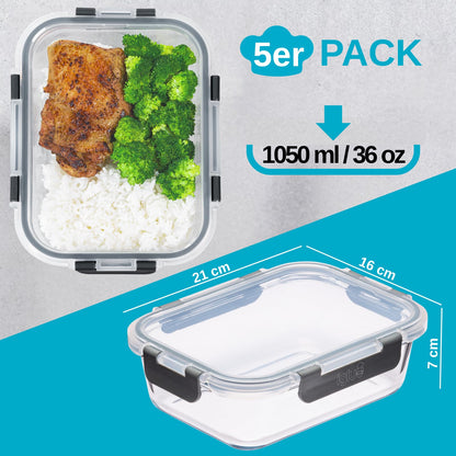 Igluu Meal Prep Glas-Frischhaltedosen, 5er-Set, 1050 ml, auslaufsicher