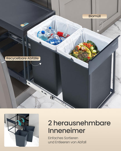 SONGMICS Mülleimer Küche, Mülltrennsystem für Unterschrank, 2 x 20 L