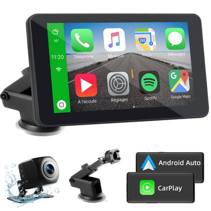 Universal Wireless Carplay Android Auto Display - 7 Zoll, rechteckig, schwarz. Bietet drahtlose Smartphone-Integration für Navigation und Medien im Fahrzeug.