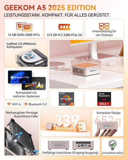GEEKOM Mini PC A5 2025 Edition - Ryzen 5 7430U, 16GB/512GB