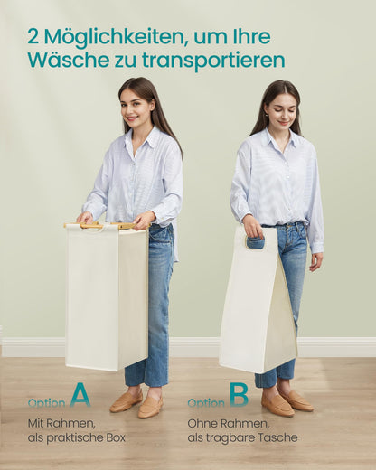 SONGMICS Wäschekorb mit 3 Fächern, Bambus, 150 L, cremeweiss