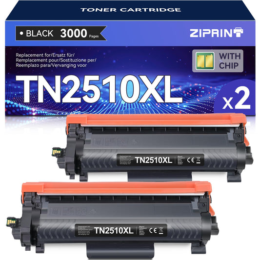 ZIPRINT TN2510XL Toner für Brother, Schwarz XL (2er-Pack). Zwei schwarze Tonerkartuschen zum Drucken mit Brother Laserdruckern.