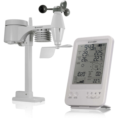 Bresser 5-in-1 Funkwetterstation - Weiss. Weisse, kompakte Wetterstation zur Messung von Temperatur, Luftfeuchtigkeit, Windgeschwindigkeit, Windrichtung und Niederschlag für private Wetterbeobachtung.

