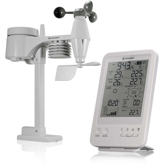 Bresser 5-in-1 Funkwetterstation - Weiss. Weisse, kompakte Wetterstation zur Messung von Temperatur, Luftfeuchtigkeit, Windgeschwindigkeit, Windrichtung und Niederschlag für private Wetterbeobachtung.
