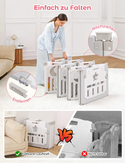 Dripex Laufstall Baby faltbar 150x150cm – Grau mit Spielboard