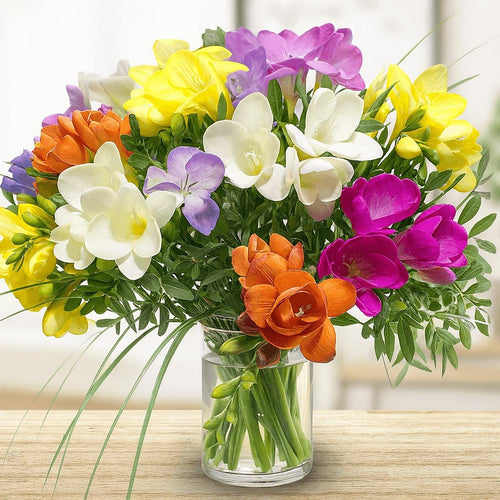 Rosenbote Blumenstrauss aus 15 Freesien mit Pistazie und Gräsern, bunte Schnittblumen