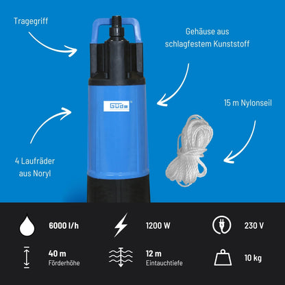 Güde Drucktauchpumpe GDT 1200 (1200 W, 6000 l/h, 40 m Förderhöhe)