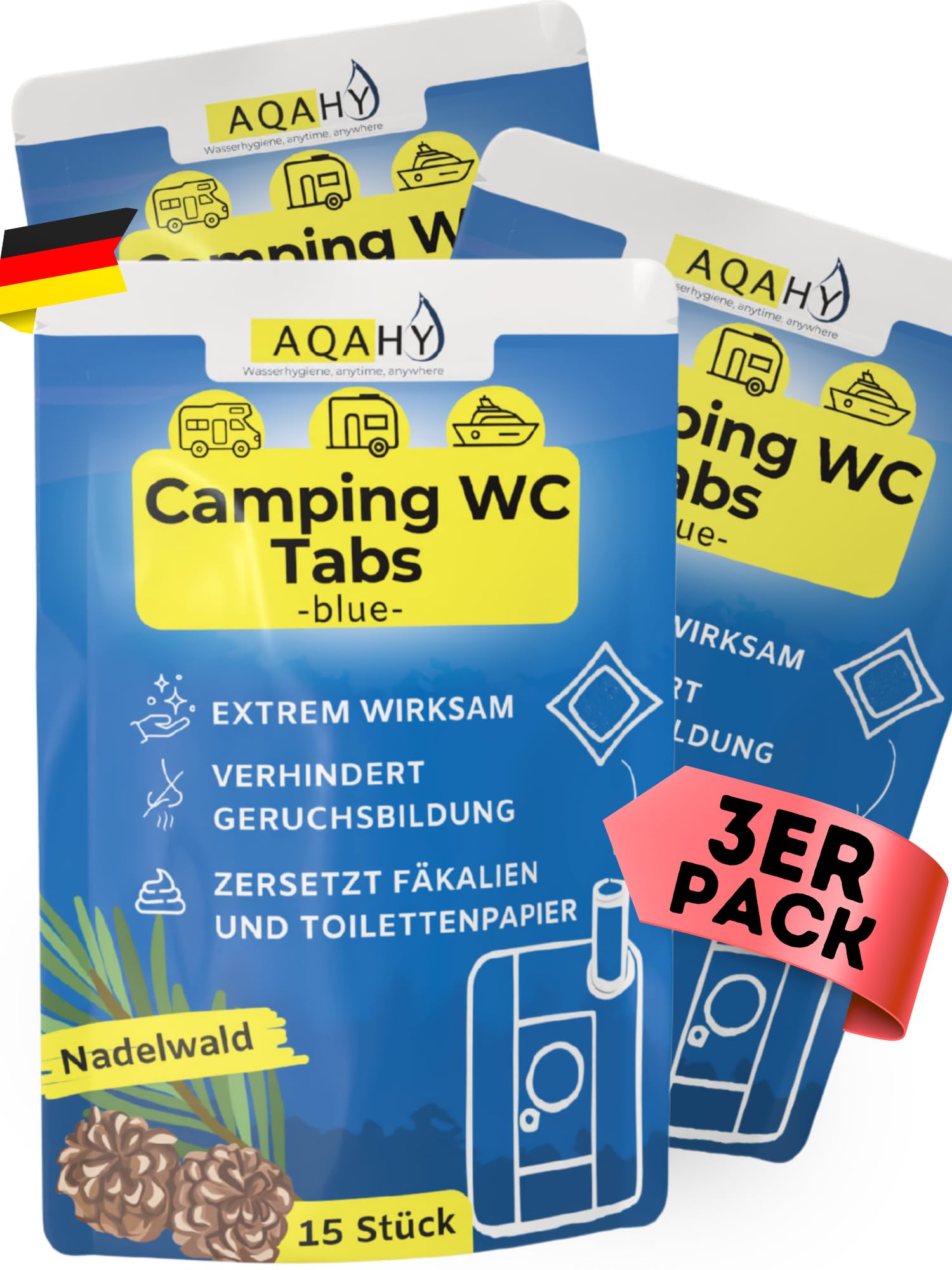 AQAHY Chemie WC Tabs blue extra stark für Campingtoilette, blaue Tabs in selbstauflösender Folie
