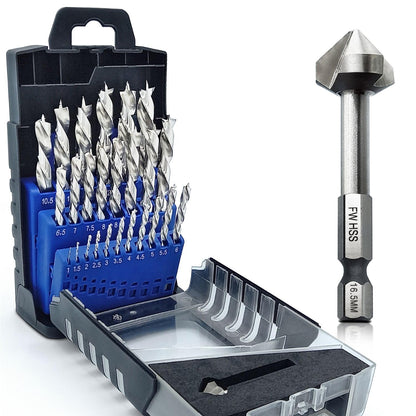 Falkenwald Holzbohrer-Set 26-teilig, HSS-G, 1-13 mm mit Kegelsenker im Kunststoffkoffer