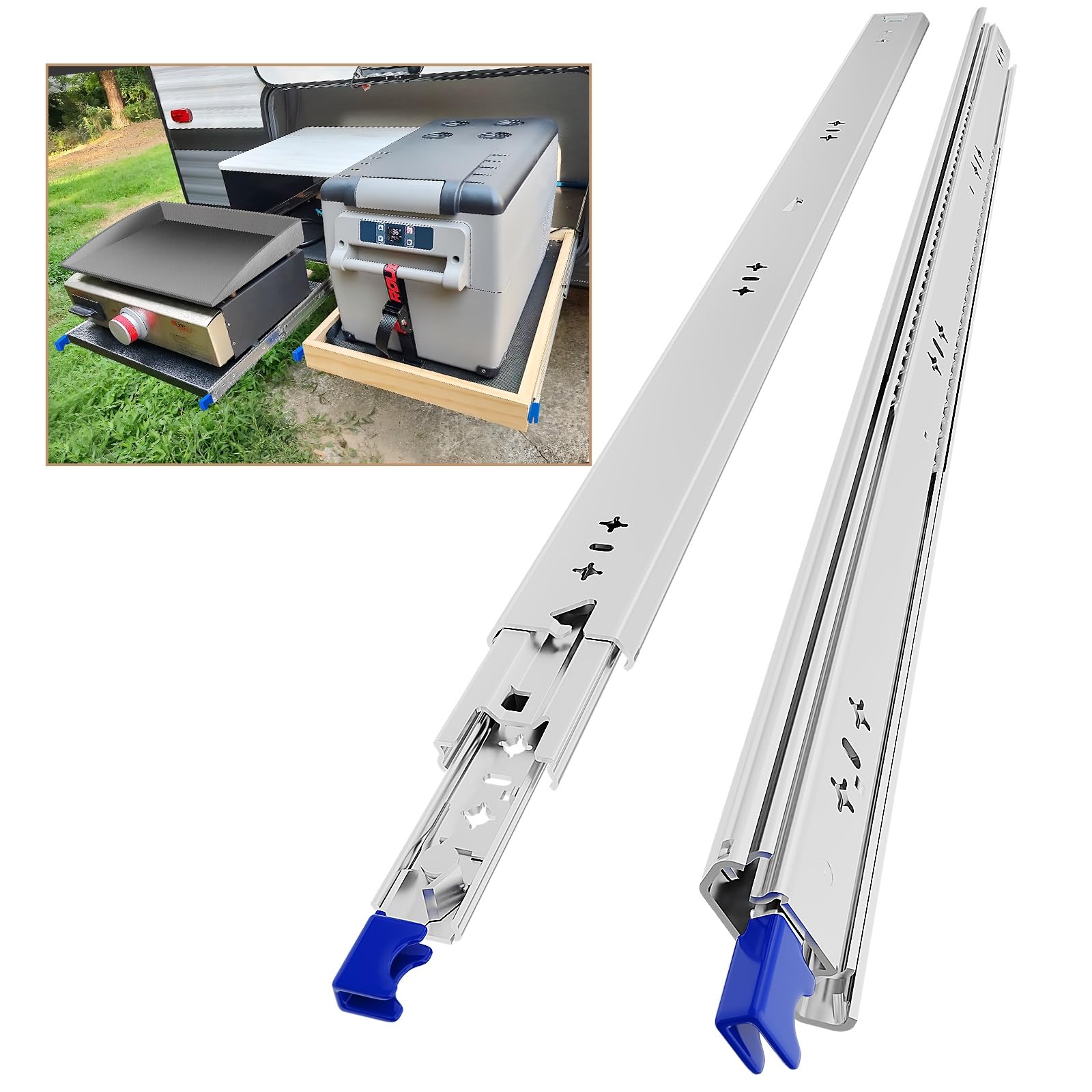 AOLISHENG Schubladenschiene Vollauszug Schwerlast 900mm mit Schloss. Metallische Schiene für Vollauszug von Schwerlast-Schubladen, arretierbar.