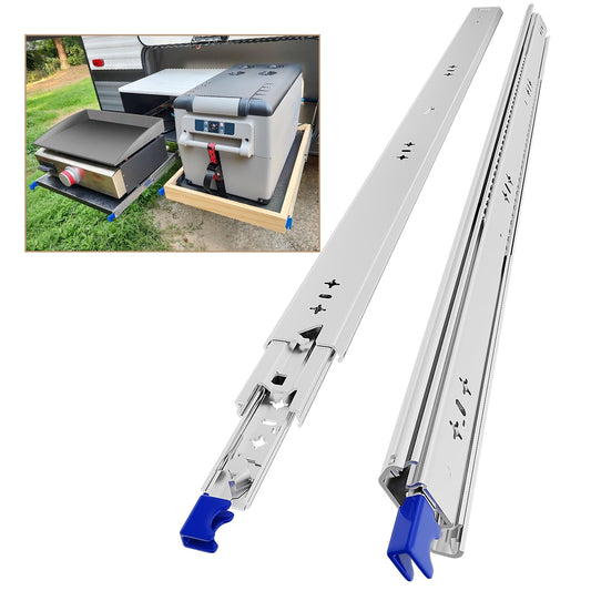 AOLISHENG Schubladenschiene Vollauszug Schwerlast 900mm mit Schloss. Metallische Schiene für Vollauszug von Schwerlast-Schubladen, arretierbar.