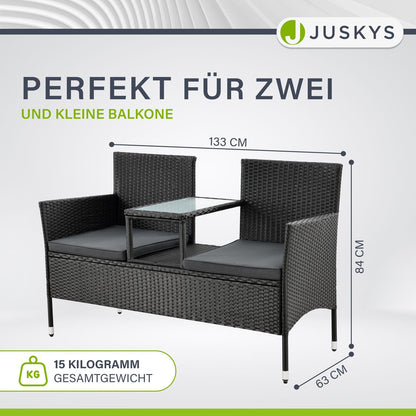 Juskys Polyrattan Gartenbank Monaco 2-Sitzer mit Tisch & Kissen schwarz