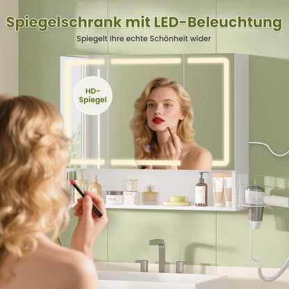 FORABAMB Spiegelschrank mit LED-Beleuchtung, 3 Türen, 80 cm, Weiss
