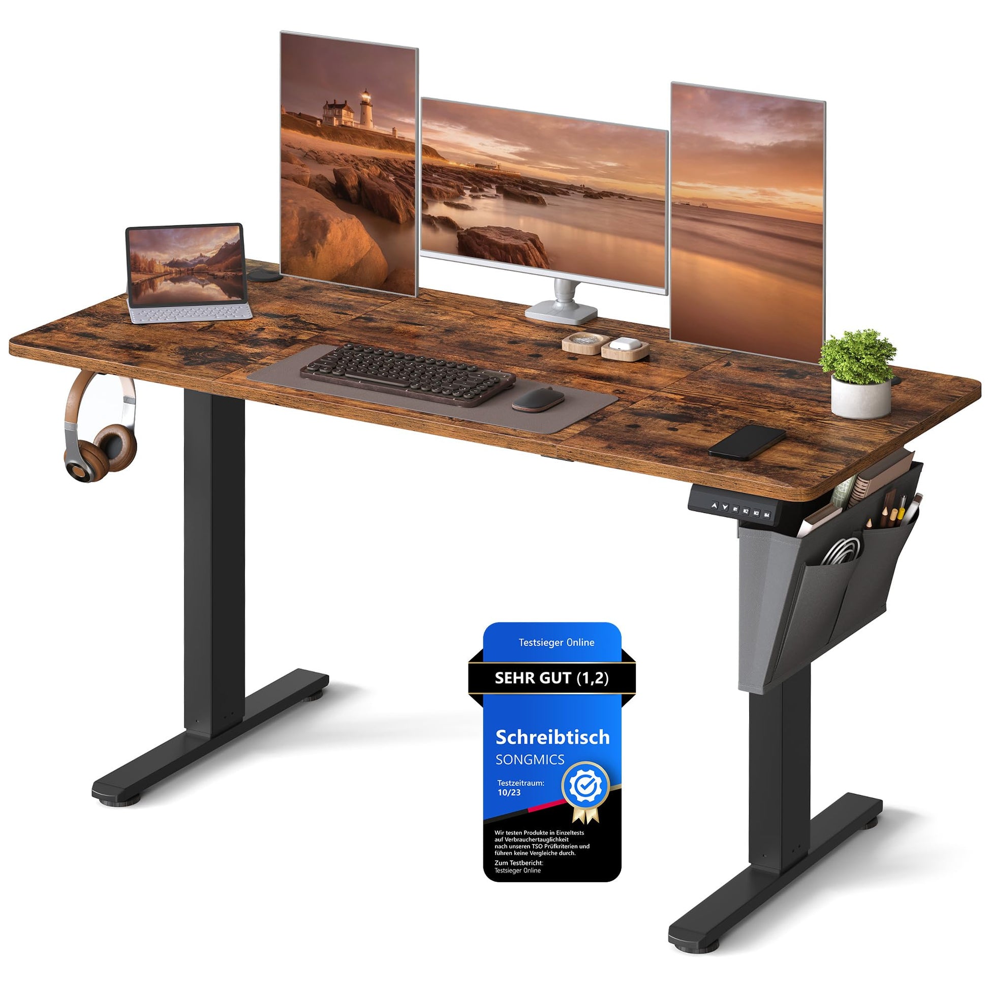 SONGMICS Elektrischer Stehschreibtisch 140x60 cm – Vintagebraun LSD134K01. Rechteckige Platte, elektrisch höhenverstellbar für ergonomisches Arbeiten.