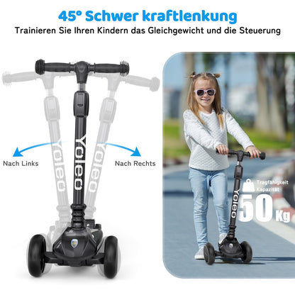 YOLEO Kinderroller Dreiradscooter mit leuchtenden Rädern, schwarz