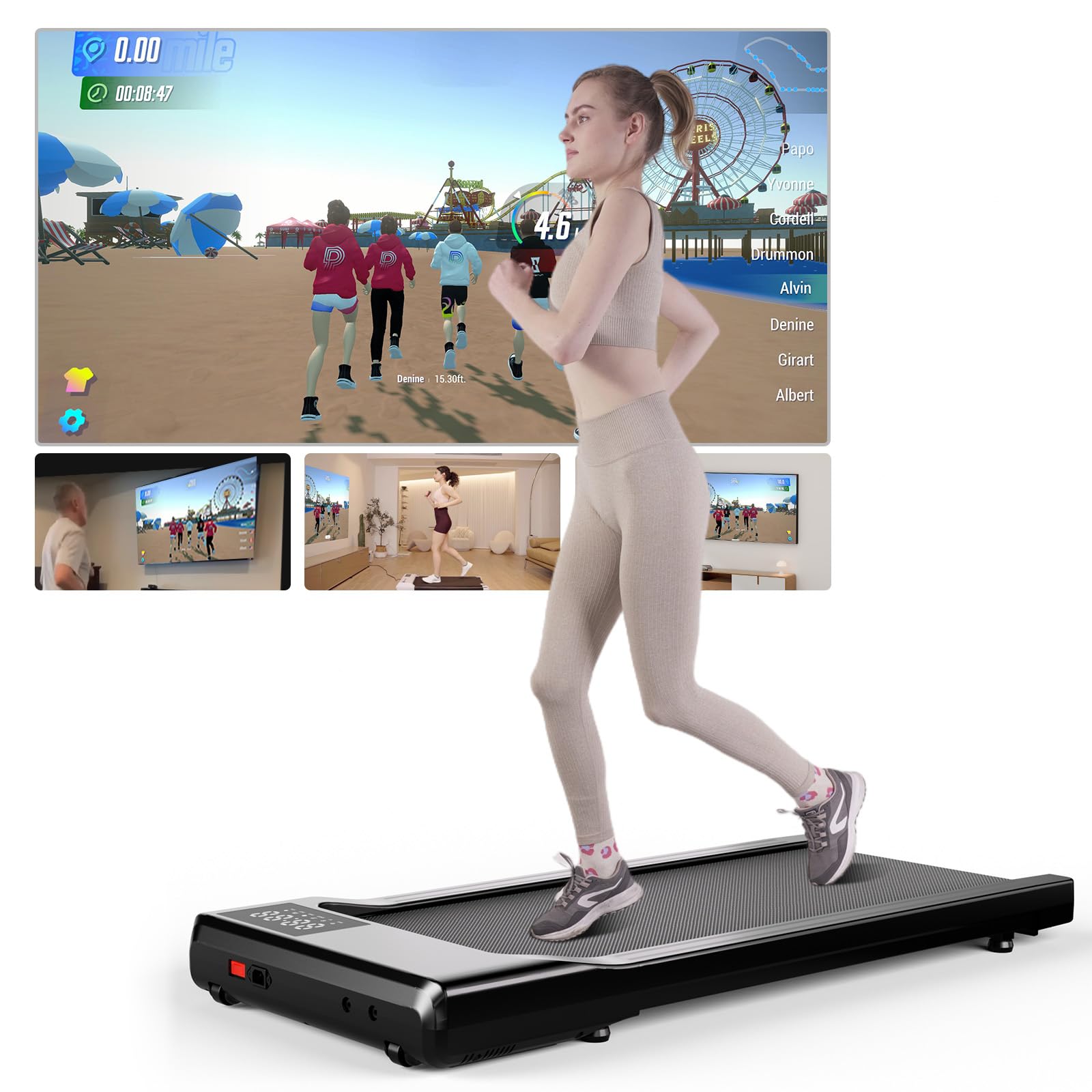 Superun Walking Pad Schreibtisch-Laufband. Flaches, rechteckiges, dunkles Laufband. Zum Gehen unter einem Schreibtisch während der Büroarbeit.