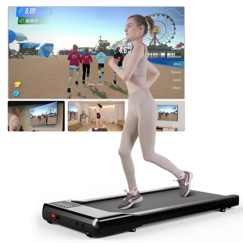 Superun Walking Pad Schreibtisch-Laufband. Flaches, rechteckiges, dunkles Laufband. Zum Gehen unter einem Schreibtisch während der Büroarbeit.