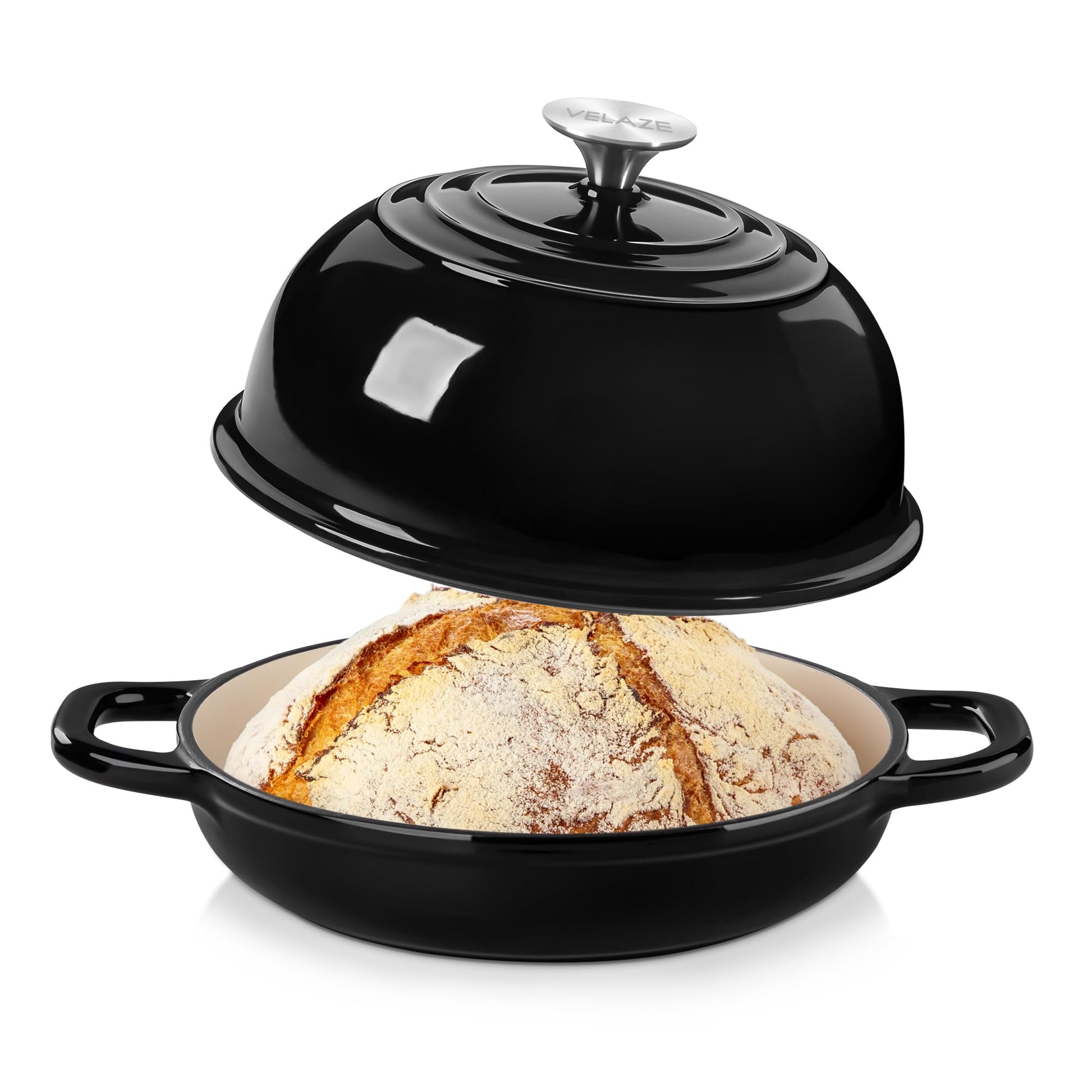 Velaze Dutch Oven Gusseisen Schmortopf emailliert 4,8 L schwarz mit Deckel und zwei Griffen zum Brotbacken