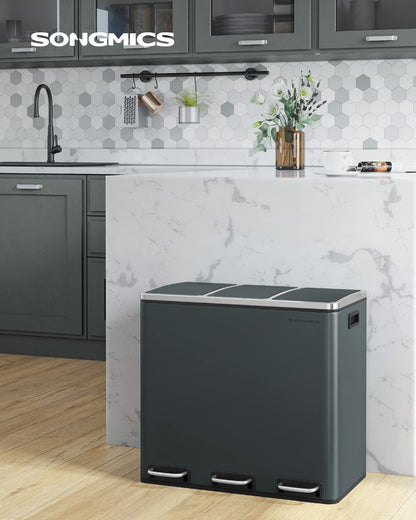 SONGMICS LTB54GS Mülleimer Küche, 3 x 18 L Treteimer, grüngrau