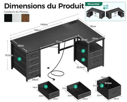 Coleshome Umkehrbarer L-Form Eckschreibtisch Schwarz 140x70cm USB-Anschluss